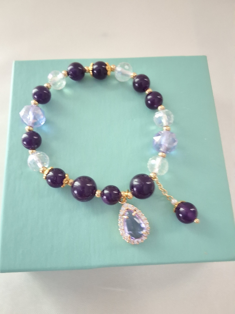 Amethyst 14k GP Crystal Bracelet with Teardrop Pendant